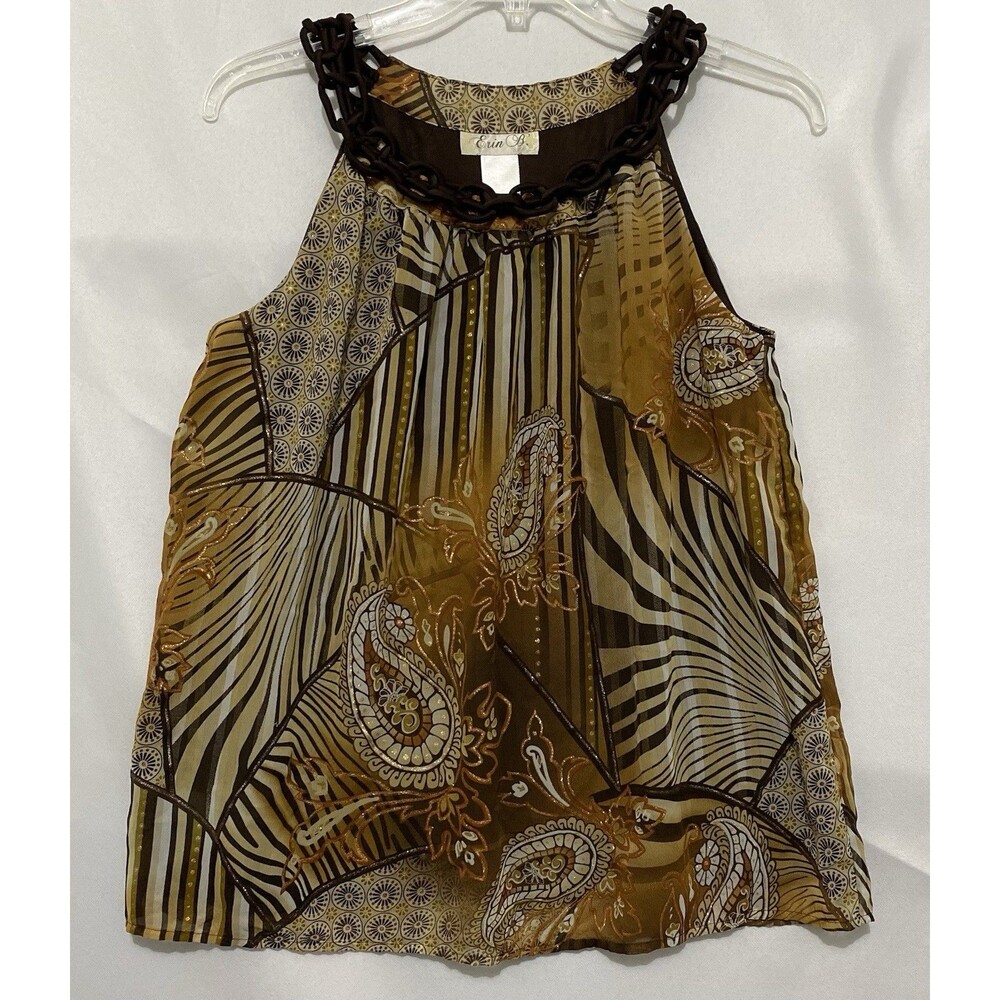Erin B Brown Paisley Chain Neck Sleeveless Blouse Top Womens M Boho Lined